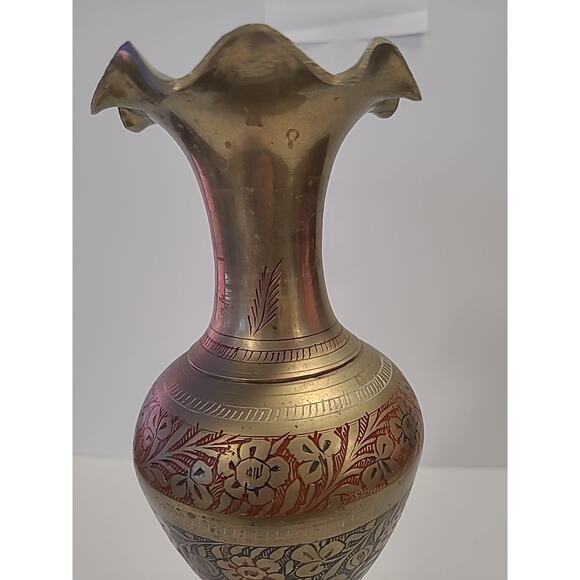 Vintage Brass Vase Handmade Etched Solid Floral Design Color Engraved Decor 12" - Picture 4 of 9